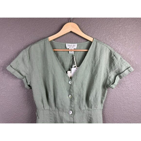 Rachel Zoe Midi Linen Dress Size XS Linen Green Button Front Short Sleeve Retro - Picture 2 of 13